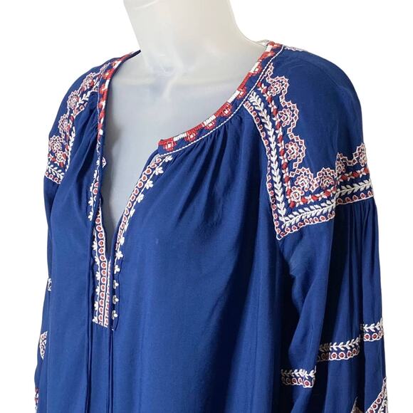 LOFT dark blue w/white & red embroidery tassel boho blouse | women's size small - Picture 4 of 6